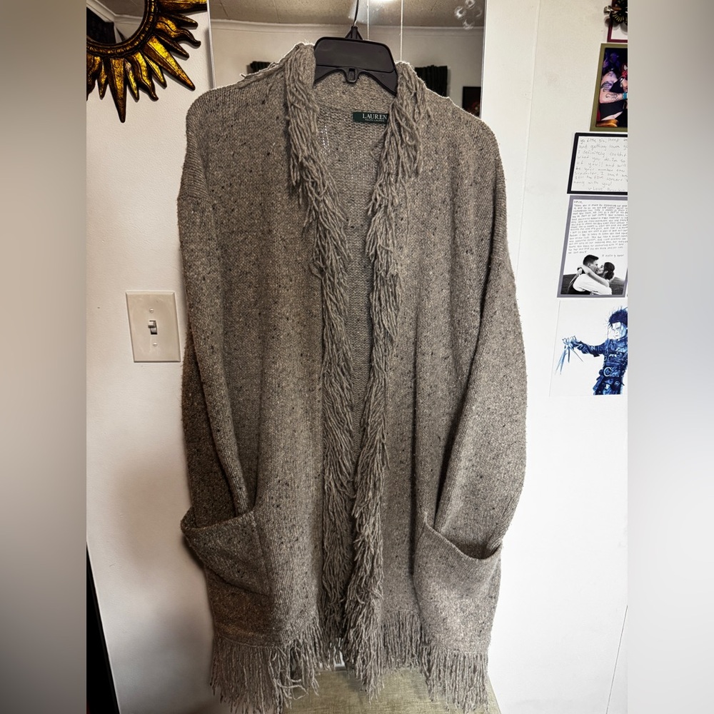 Ralph Lauren Taupe Fringe Open-Front Cardigan